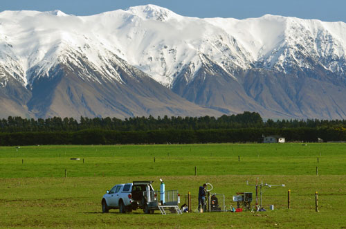 equipment in foreground, snowed covered mountians in background
