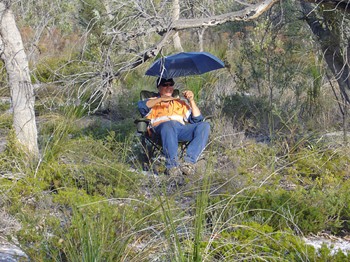 man in a chair holding umbrella