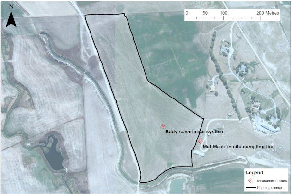 Satellite photo of area including marked paddock with system, and nearby met mast and research facility